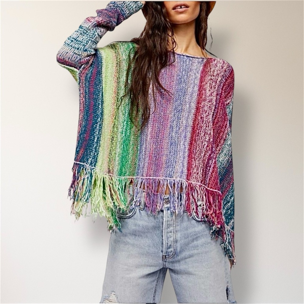 Free‎ People Rainbow Sprite Fringe Poncho Sweater L Oversized Boho Knit NWT $228